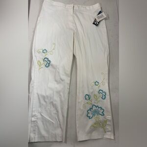 Elegant White Pants with Blue and Green Floral Embroidery